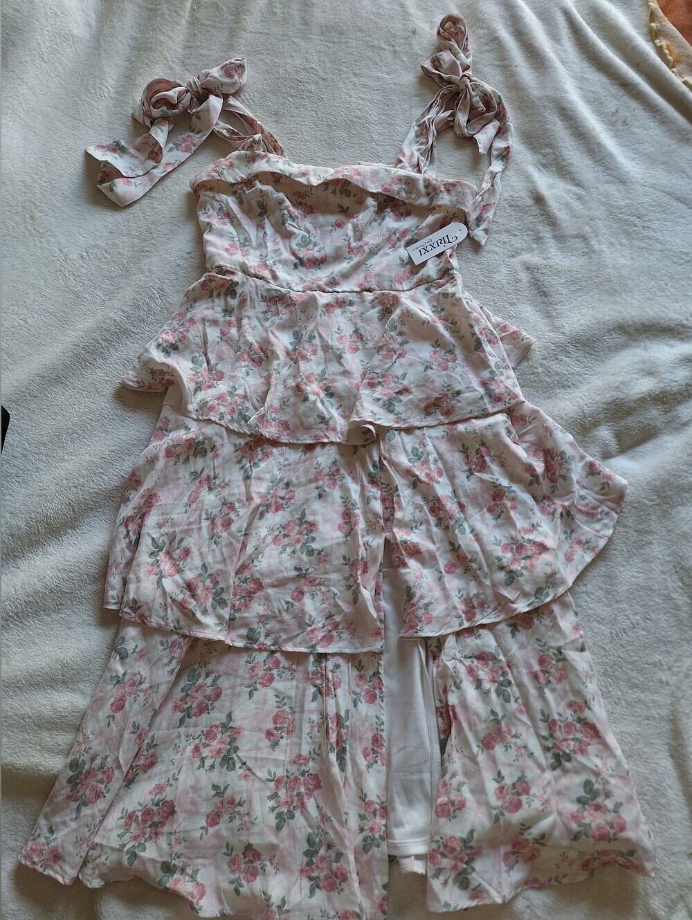 Trixxi Floral Tiered Ruffle Midi Dress NWT Pink Rose Tie Strap Cottagecore Sz XL